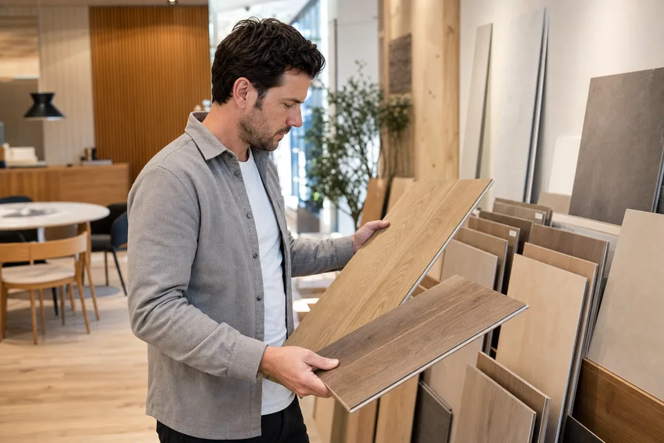 En person sammenligner to ulike gulvprøver i et showroom