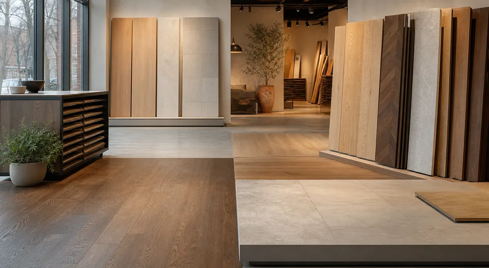 Showroom med utstillinger av flere gulvtyper i tre og stein